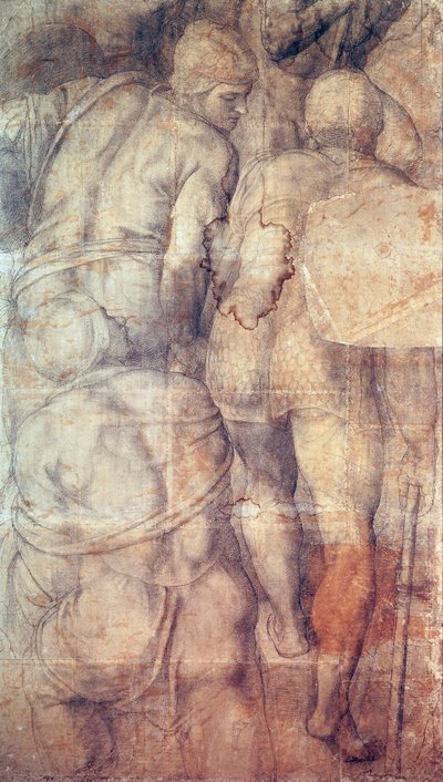 Soldater, af Michelangelo (1475-1564), forberedende tegneserie (undermaling) til freskomaleri af Peters korsfæstelse skabt i Pauline Kapel i Vatikanets palads af Michelangelo Buonarroti