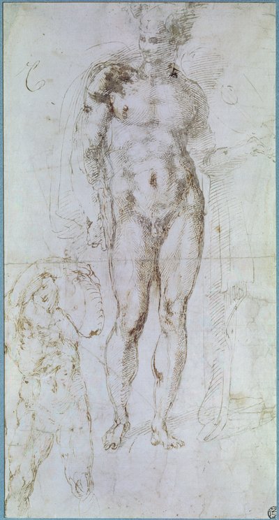Studie for Apollo (tidligere Mercury) stående nøgen med en kappe draperet over skuldrene og figuren af en mand, der bærer en byrde af Michelangelo Buonarroti