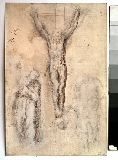 Studie til en korsfæstelse Repræsentation af Kristus på korset med Jomfruen og Sankt Johannes. Tegning af Michelangelo Buonarroti dit Michelangelo (Michelangelo eller Michel Ange af Michelangelo Buonarroti