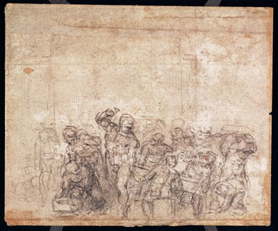 Studie af figurer til en fortællende scene (sort kridt på papir) (verso) (for recto se 191777) (se også 191767) af Michelangelo Buonarroti