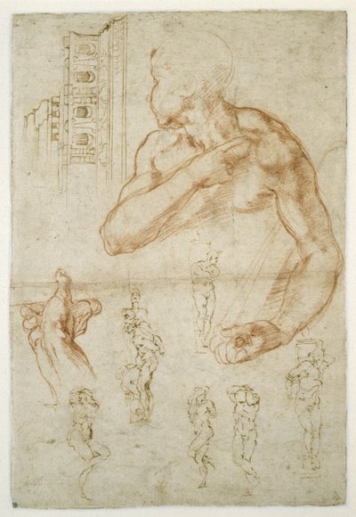 Studie af den assisterende figur af den libyske sibyll, ca. 1512 (rødt kridt og pen på papir) af Michelangelo Buonarroti