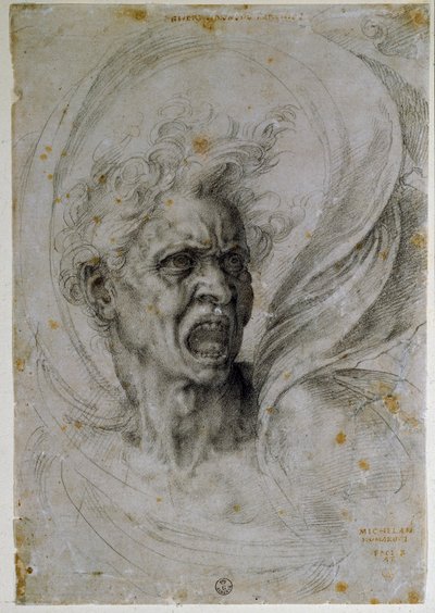 Studerer hovedet på en skrigende mand. Tegning af Michelangelo Buonarroti kendt som Michel Ange eller Michelangelo eller Michelangelo (1475-1564). Firenze, Uffizi-museet (Firenze, afdelingen for tryk og tegninger af Uffizierne). af Michelangelo Buonarroti