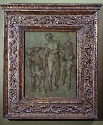 Den hellige familie med Johannes Døberen, ca. 1540 (pensel og brun vask på panel) af Michelangelo Buonarroti