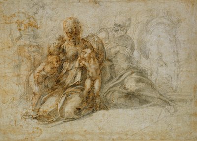 Mødet mellem spædbarnet Sankt Johannes Døberen med den hellige familie overværet af engle: Resten på flugten til Egypten af Michelangelo Buonarroti