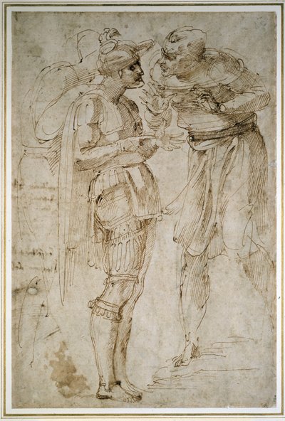 Tre mænd i samtale (pen og brunt blæk på papir) af Michelangelo Buonarroti