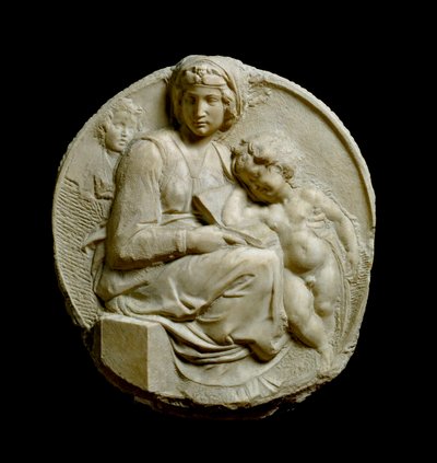 Jomfru og barn med Johannes Døberens barn Madonna Pitti eller Tondo Pitti. Prægede marmorstrømper af Michelangelo Buonarroti af Michelangelo Buonarroti