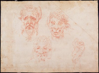W.33 Skitser af satyransigter (rødt kridt på papir) af Michelangelo Buonarroti