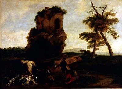 Et landskab med rejsende, der hviler i nærheden af en kro af Michelangelo Cerquozzi