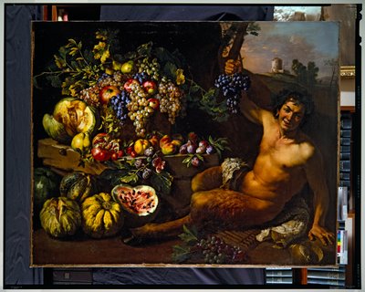 Stilleben med en satyr i et landskab (lærred) af Michelangelo Cerquozzi