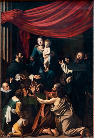 Madonna ved rosenkransen (olie på lærred af Michelangelo Merisi da Caravaggio