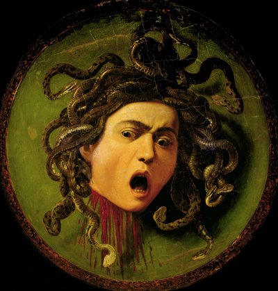 Medusa, malet på et ridderskjold af læder, ca. 1596-98 (olie på lærred fastgjort til træ) (før restaurering) af Michelangelo Merisi da Caravaggio