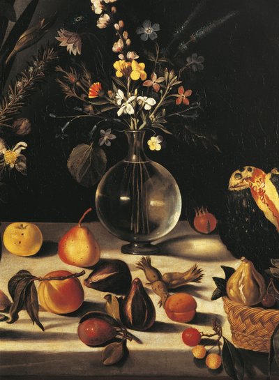 Stilleben med blomster og frugt, af Master of the Hartford Still Life, ca. 1600-10 (olie på lærred) (detalje af 507174) af Michelangelo Merisi da Caravaggio