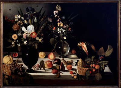 Stilleben med blomster og frugter Maleri tilskrevet Caravaggio dit le Caravaggio af Michelangelo Merisi da Caravaggio