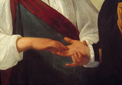 Spåkonen Detalje, der repræsenterer klientens hånd strakt ud i kvindens hånd, der læser linjerne i hans håndflade. Maleri af Michelangelo Merisi da Caravaggio dit Le Caravaggio (ca. 1571-1610) Søn. 0,99x1,31 m af Michelangelo Merisi da Caravaggio