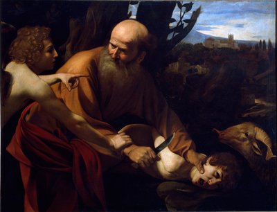 Isaks ofring En engel holder Abrahams hånd før hans søn Isaks ofring, befalet af Herren. Maleri af Michelangelo Merisi kaldet The Caravaggio eller il Caravaggio (1571-1610) 1594-1596 Dim. 104x135 cm Firenze, Galleria degli Uffizi ( af Michelangelo Merisi da Caravaggio