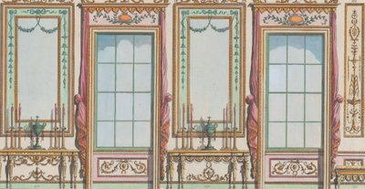 Indvendig dekoreret væg med vinduer og Pier-glas, nr. 267-273..., 27. februar 1784. af Michelangelo Pergolesi