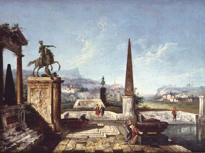 En Capriccio af klassiske monumenter, en obelisk med soldater ved en pool og bjerge hinsides (olie på lærred) af Michele Marieschi