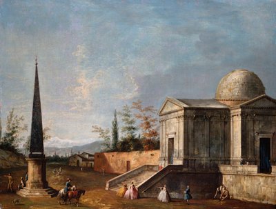 Elegante figurer foran en kuplet klassisk kirke, en obelisk til venstre af Michele Marieschi