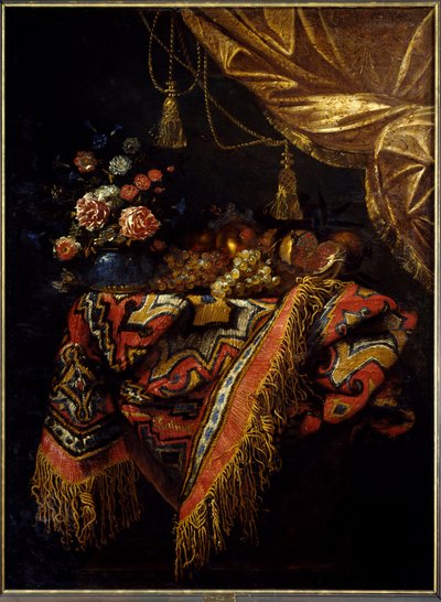 Stilleben Frugter og blomster stillet på en dug. Maleri af Michelangelo Campidoglio (1610-1670) Rennes fra det 17. århundrede, museum for kunst. af Michele Pace del Campidoglio