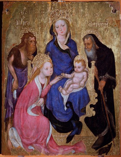 Det mystiske ægteskab mellem Saint Catherine og de hellige Johannes Døberen og Anthony af Egypten - Maleri, omkring 1420 af Michelino Molinari da (attr. to) Besozzo
