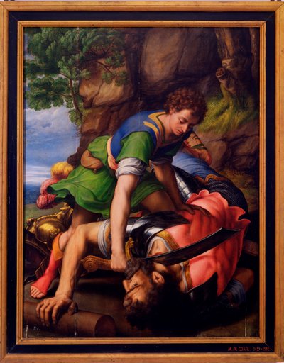 "" David and Goliath "" Painting by Michiel Coxciedani af Michiel I Coxie or Coxcie
