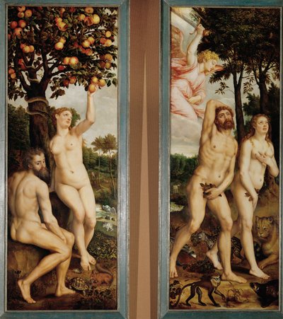 Syndefaldet og uddrivelsen fra Paradis To fløje af et alter (maleri på egetræ) af Michiel I Coxie or Coxcie