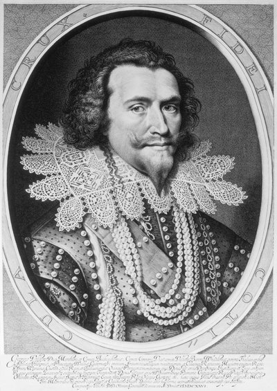 Portræt af George Villiers, 1. hertug af Buckingham (1592-1628) graveret af Willem Jacobsz. Delff (1580-1638) 1626 (gravering) (bw foto) af Michiel Jansz van Miereveld