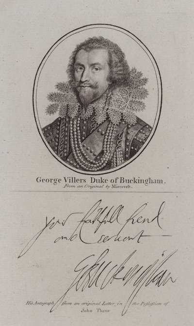 George Villiers hertug af Buckingham, engelsk hofmand, politiker og favorit af kong James I (gravering) af Michiel Janszoon van (after) Miereveldt