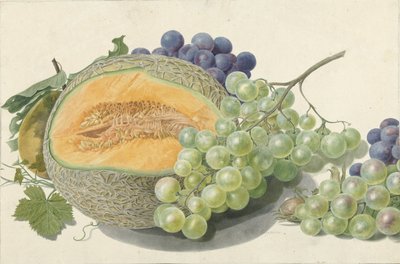 En melon, klaser af druer, en fersken og hasselnødder af Michiel Van Huysum