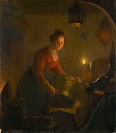 Woman in a Kitchen by Candlelight, ca. 1830 (olie på panel) af Michiel Versteegh