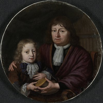 Dobbeltportræt af Isaac Pontanus og Hendrik van Beek Isaac Pontanus (1625-1710) giver sit barnebarn Hendrik van Beek en guldmedalje af Michiel van Musscher (signed by artist)