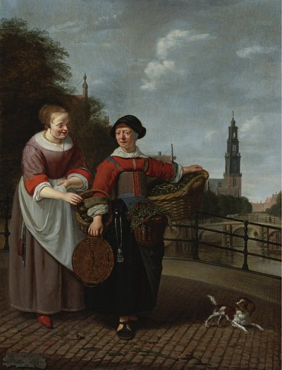 En kvindelig grøntsagssælger og en husmor ved Eenhoornsluis i Amsterdam, i baggrunden Westertoren af Michiel van Musscher