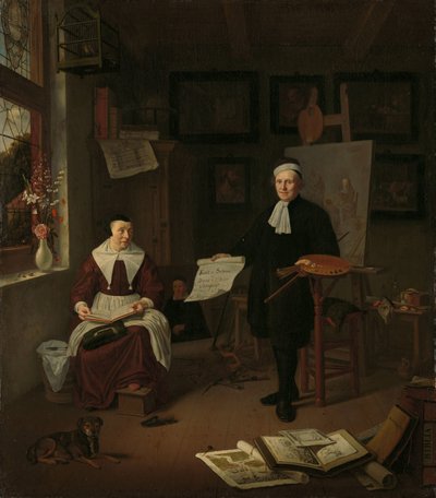 Portræt af Michiel Comans (1614-1687), kalligraf, ætser, maler og skolemester, med sin tredje kone Elisabeth van der Mersche af Michiel van Musscher