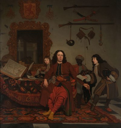 Thomas Hees og hans tjener Thomas og nevøerne Jan og Andries Hees Portræt af Thomas Hees (f. 1634/35), bosat og kommissær for generalstaterne til regeringerne i Algier, Tunis og Tripoli, med sine nevøer Jan (f. 1670/71) og Andries (f. 1). af Michiel van Musscher