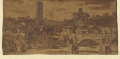 Udsigt over S. Maria i Cosmedin, Vesta-templet og Ponte S. Maria i Rom af Michiel van Overbeek