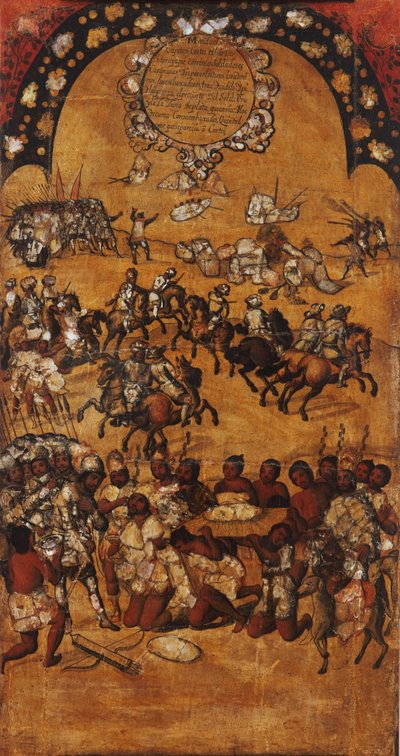 Erobringen af Mexico, Panel II, ca. 1696-1715 (maling på træ) af Miguel Gonzalez