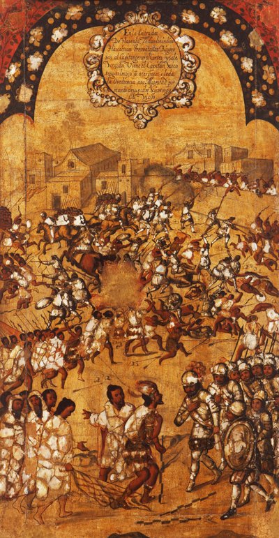 Erobringen af Mexico, Panel V, ca. 1696-1715 (maling på træ) af Miguel Gonzalez