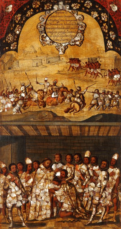 Erobringen af Mexico, Panel XIX, ca. 1696-1715 (maling på træ) af Miguel Gonzalez
