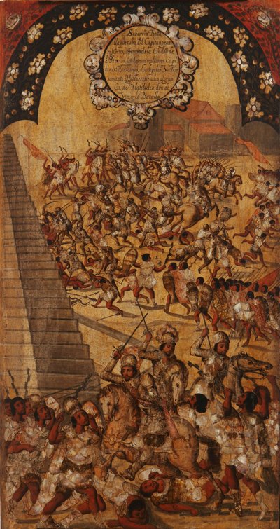Erobringen af Mexico, Panel XVI, ca. 1696-1715 (maling på træ) af Miguel Gonzalez
