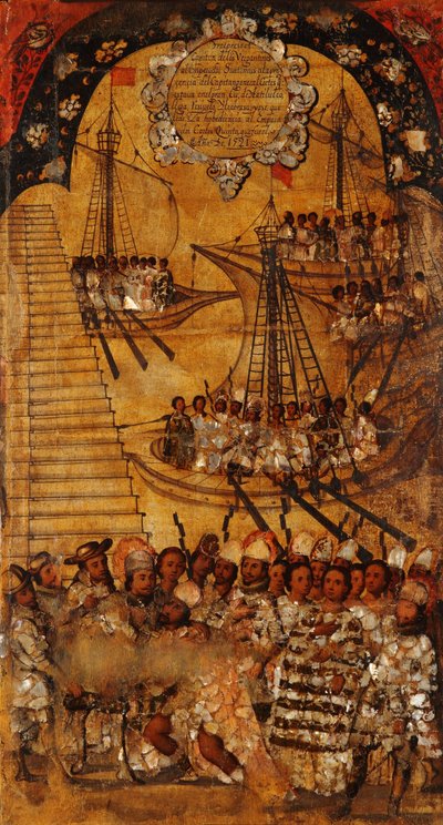 Erobringen af Mexico, Panel XXIV, ca. 1696-1715 (maling på træ) af Miguel Gonzalez