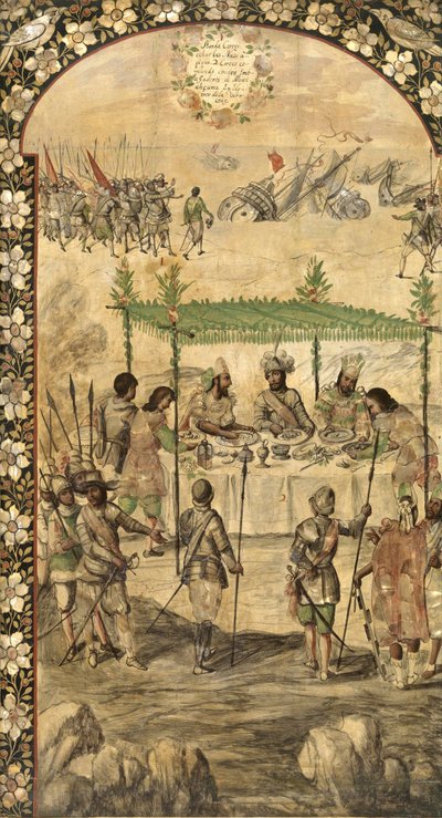 Beordrer ødelæggelsen af skibene og mødes med ambassadørerne fra Montezuma (Moctezuma, Moteuczoma, Motecuhzoma) (1466-1520) i 1520 - Erobringen af Mexico af Hernan Cortes par Gonzalez, Miguel og Juan (aktiv Slutningen af det 17. århundrede). Olie på træ, s af Miguel and Juan Gonzalez