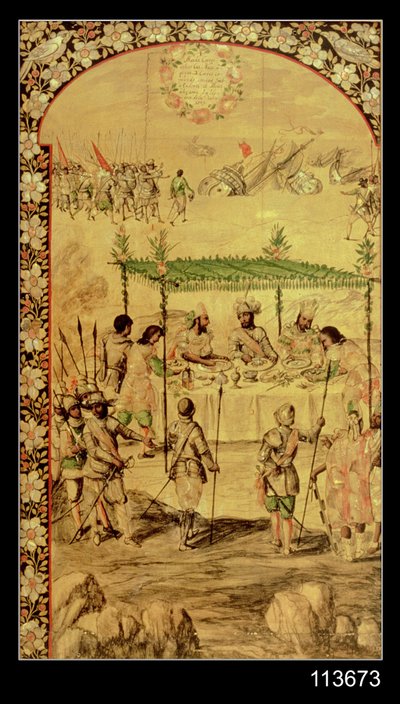 Erobringen af Mexico: Hernando Cortes (1485-1547) beordrer ødelæggelsen af skibene og mødes med ambassadørerne fra Montezuma (1466-1520) i 1520 af Miguel and Juan Gonzalez