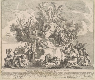 Prima Macchina for Kina fra 1739: Mount Parnassus med Apollo, muserne og Pegasus af Miguel de Sorellò, after Pierre Parrocel, after Michelangelo Specchi