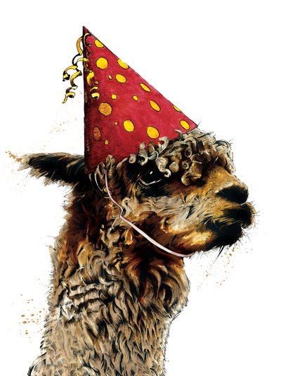 Fødselsdag Alpaca på hvidt, 2020 af Mike Davis