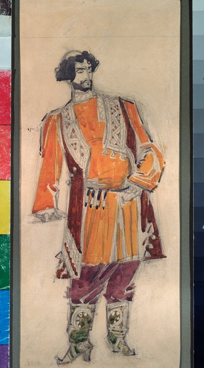 Mandligt forberedende kostume til operaen "Tsarens brud"" af Nicholas (Nikolai) Rimsky Korsakov (Rimsky-Korsakov) (1844-1908) (Kostumedesign til operaen zarens brud af N Rimsky Korsakov (Rimsky) -Korsakov) - Mikhail Alexanders værk af Mikhail Aleksandrovich Vrubel