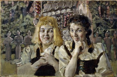 Hans og Grete (Hansel og Grete). Portrætter af de to børn fra fortællingen om brødrene Jacob (1785-1863) og Wilhelm (1786-1859) Grimm, med grådige øjne foran slikhuset. Maleri af Mikhail Alexandrovich Vrubel (Vrubel) (1856-1910), olie på af Mikhail Aleksandrovich Vrubel