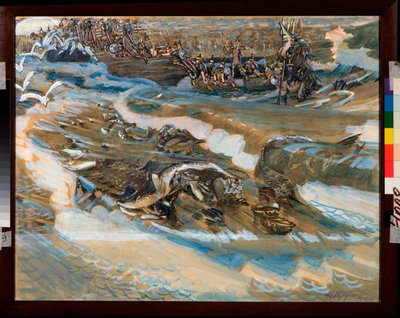 Illustration pour le conte du czar Saltan de Alexandre Pouchkine (1799-1837) (Illustration til eventyret om zaren Saltan af A Pushkin) - Værk af Mikhail Alexandrovich Vrubel (Vrubel) (1856-1910), akvarel, gouache, guld og penge på papir af Mikhail Aleksandrovich Vrubel