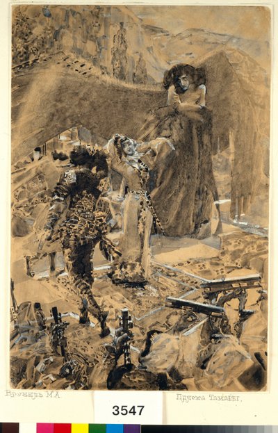 Tamaras dans - Illustration fra digtet ""Dæmonen"" af Mikhail Lermontov (1814-1841) - Kunstværk af Mikhail Alexandrovich Vrubel (Vrubel) (1856-1910) af Mikhail Aleksandrovich Vrubel