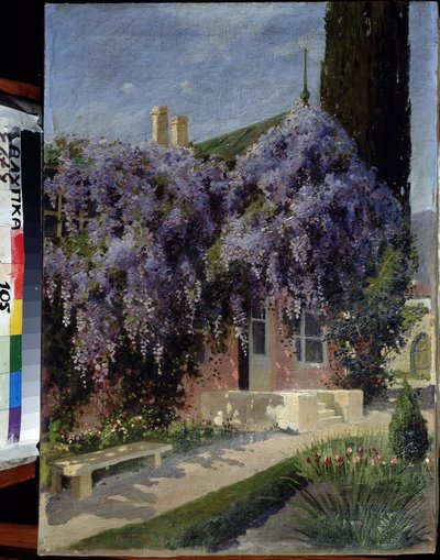 Et hus flettet sammen med blåregn. Maleri af Mikhail Alexandrovich Alisov (1859-1933). Olie på lærred, 62,3 x 44,4 cm. Russisk skole i begyndelsen af ​​det 20. århundrede. Museum for arkitektur og kunst, Alupka, Ukraine. ©FineArtImage/Leemage af Mikhail Alexandrovich Alisov