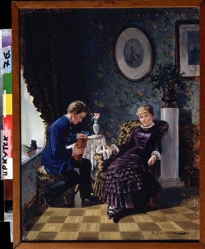 Begyndelsen (Debuten). I en stue, hoved til hoved mellem en genert ung mand, der holder en bog og en smilende ung pige, en kærlighedserklæring, der mødes. Maleri af Mikhail Georgievich Malyshev (1852-1914), olie på lærred af Mikhail Georgievich Malyshev